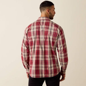 Red and beige plaid snap shirt