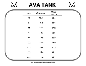 Measurement chart for 'AVA TANK' with size chart and measurements in inches.
