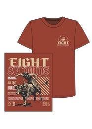 Red t-shirt with graphic design and text on a white background