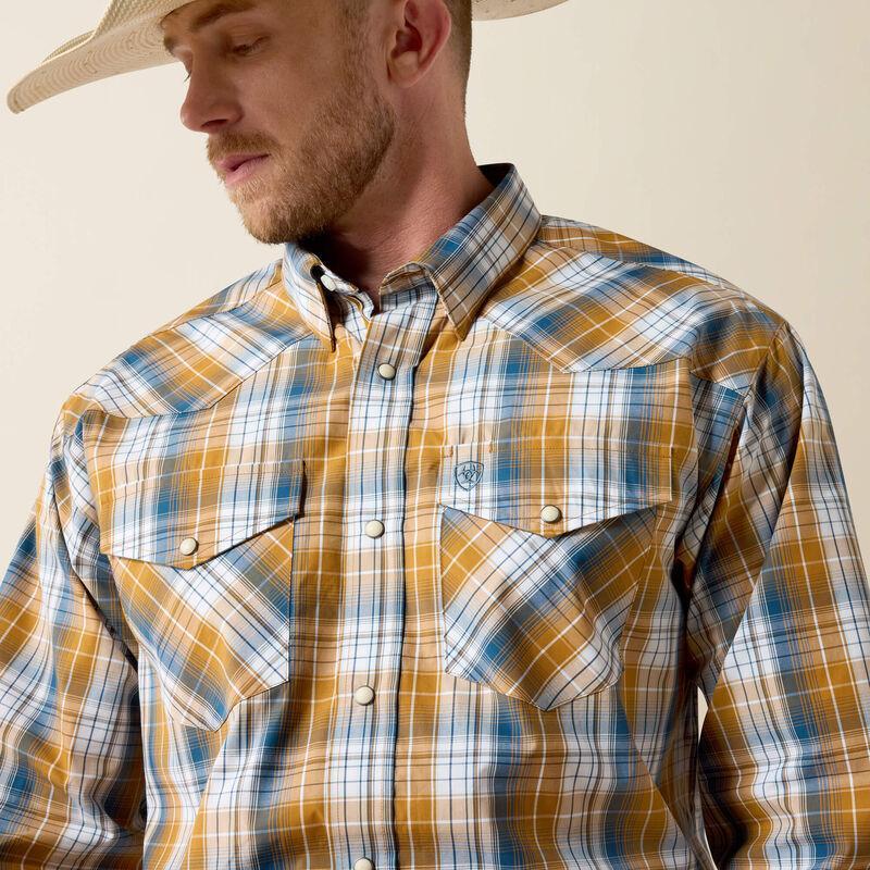 Golden brown ,blue and white plaid western snap shirt