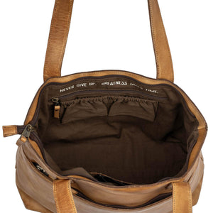 Brown leather handbag with visible interior and text on a white background