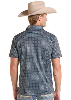 A man wearing a short-sleeve western shirt with A  black and white micro-pattern, shown from the back. 