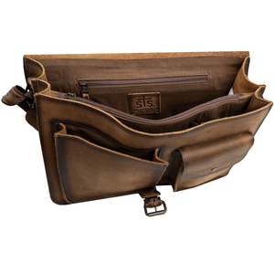 Brown leather briefcase on a white background