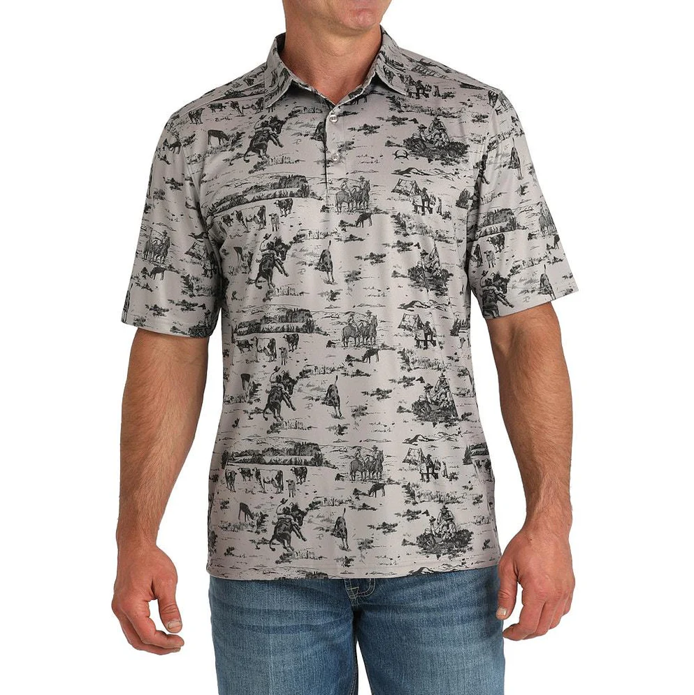 CINCH MENS GREY WESTERN SCENE POLO
