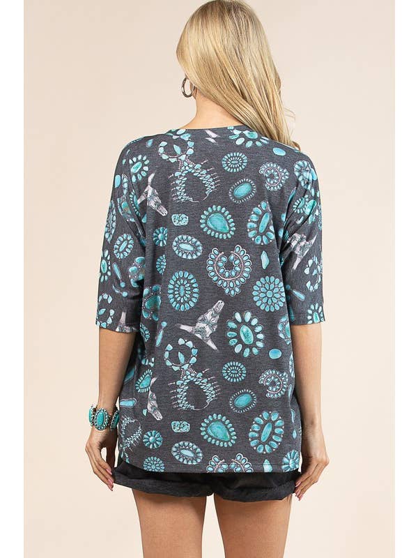 Turquoise Print Dolman Sleeve Top
