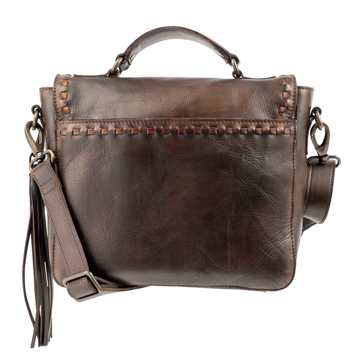 A dark brown distressed leather shoulder bag with a top handle, a detachable shoulder strap with a tassel, and decorative stitched details on the front, shown against a plain white background.