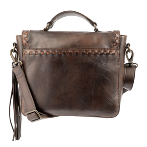 A dark brown distressed leather shoulder bag with a top handle, a detachable shoulder strap with a tassel, and decorative stitched details on the front, shown against a plain white background.