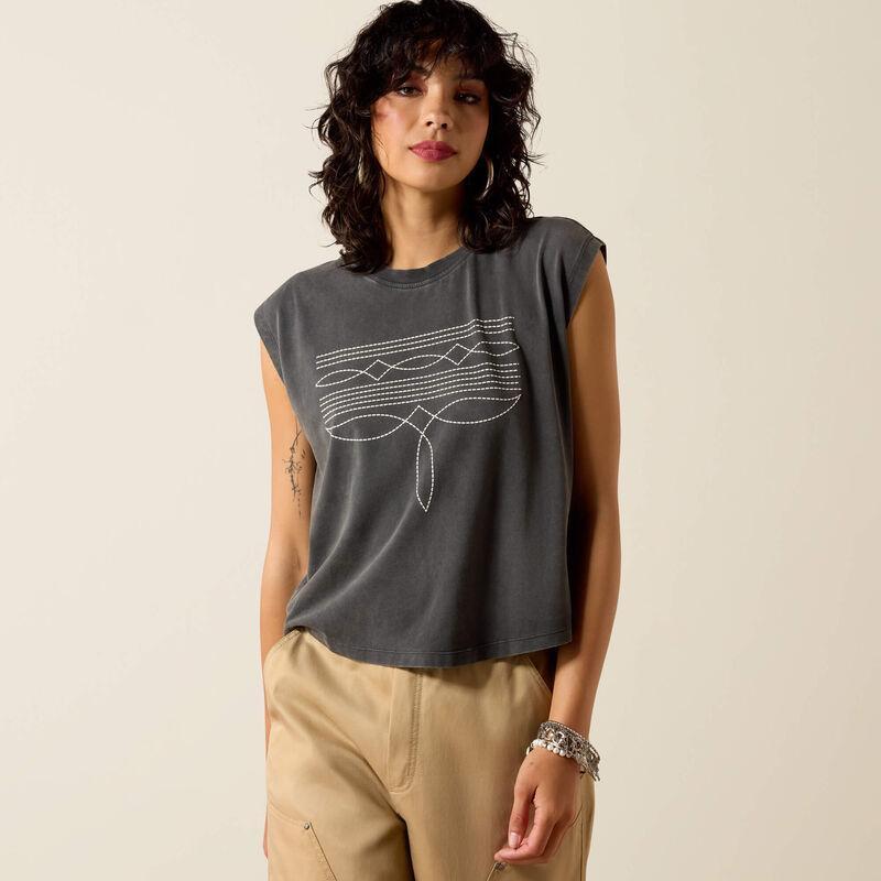 CHARCOAL SLEEVELESS TSHIRT WITH BOOT STITCH DESIGN