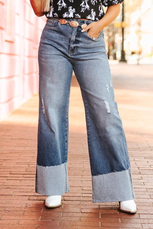 Mid Wash High Rise Trouser Jeans W Cuff