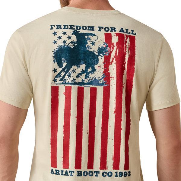 Beige t-shirt with American flag and horse graphic, featuring 'Freedom for All' text.