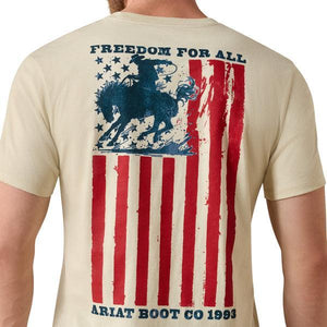 Beige t-shirt with American flag and horse graphic, featuring 'Freedom for All' text.