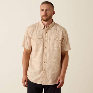 Short sleeve button down beige patterned shirt.