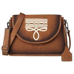 Brown leather handbag with a white emblem on a white background