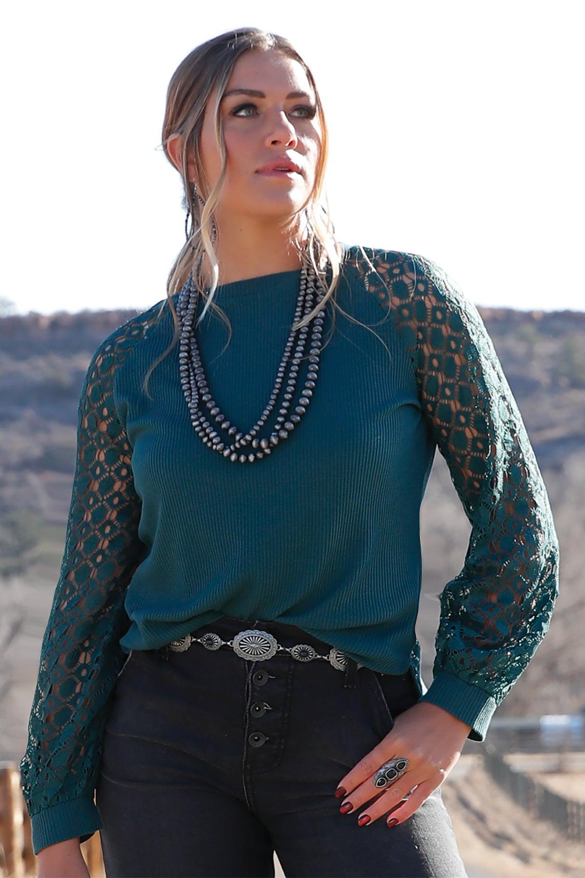Cruel Girl Women's Knit Top with Crocheted Sleeves in Forest

