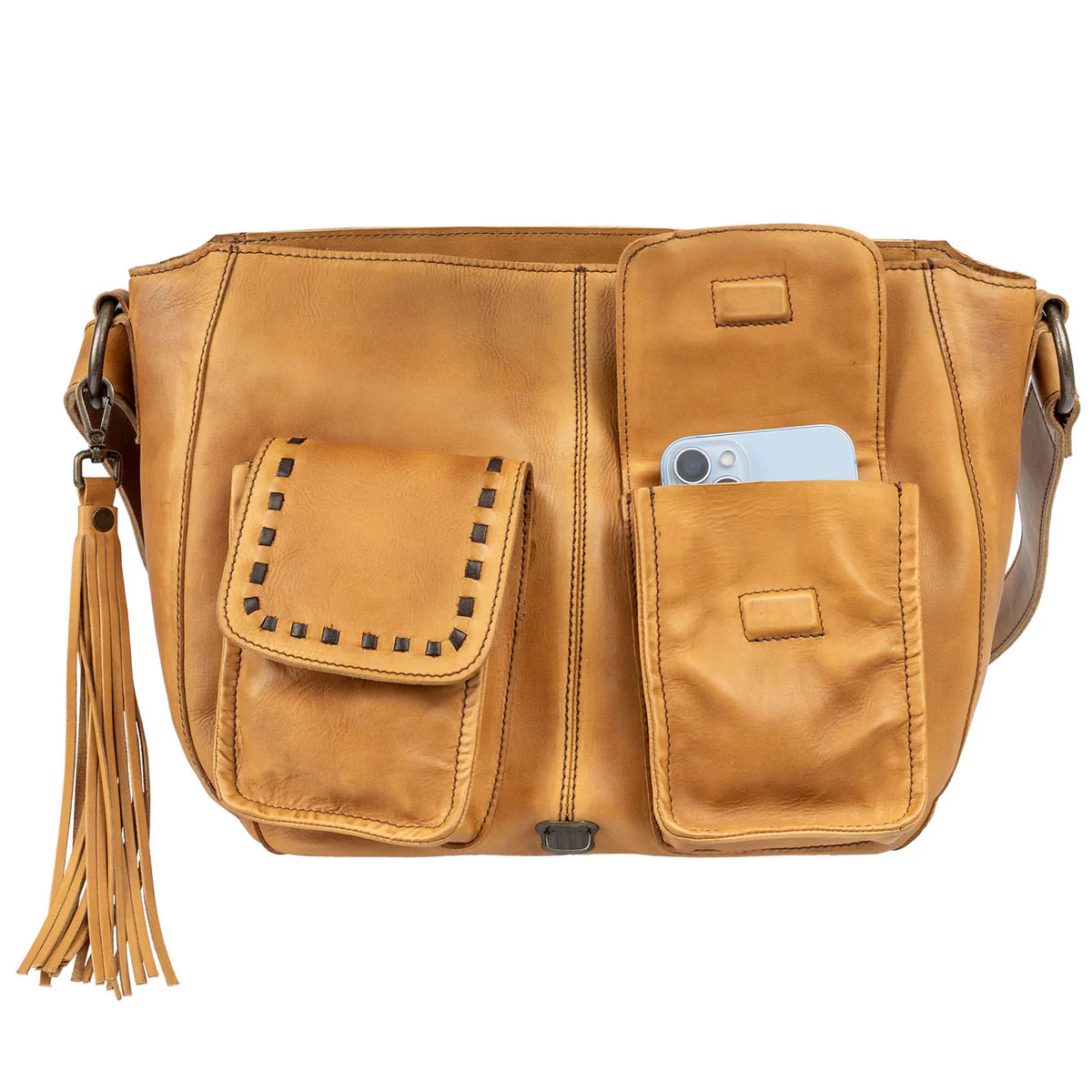 Brown leather bag with pockets and tassel on a white background