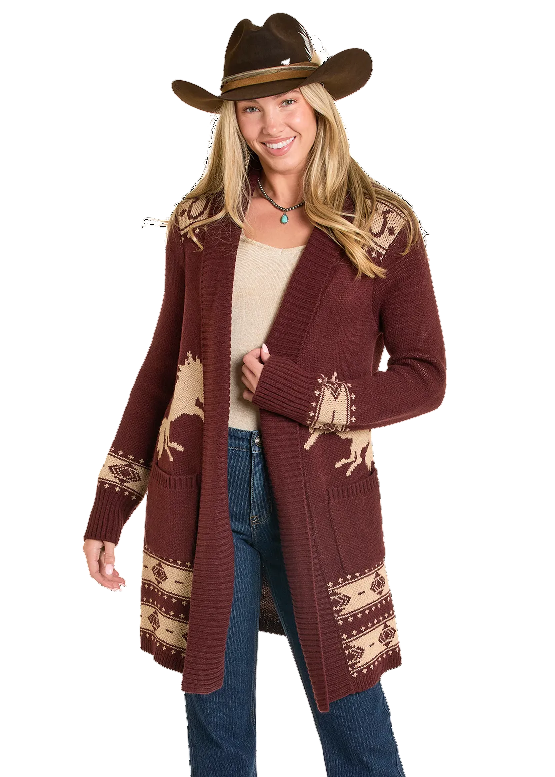 This knee-length, regular-fit cardigan is crafted from soft, durable 100% acrylic. It features ribbed trim, long sleeves 