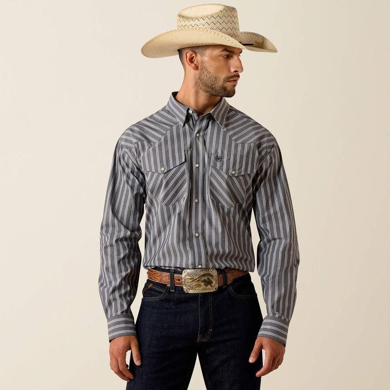 Grey striped long sleeve snap down western shirt