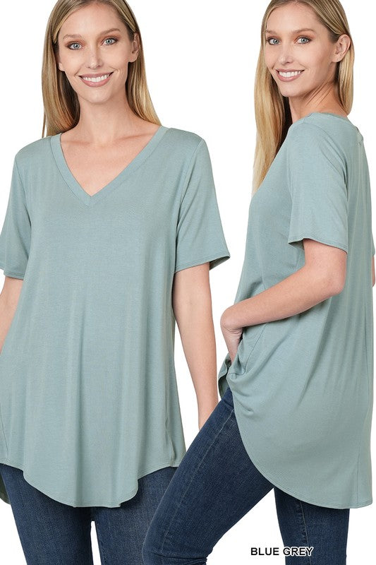 ZENA LUXE RAYON SHORT SLEEVE V-NECK HI-LOW HEM TOP