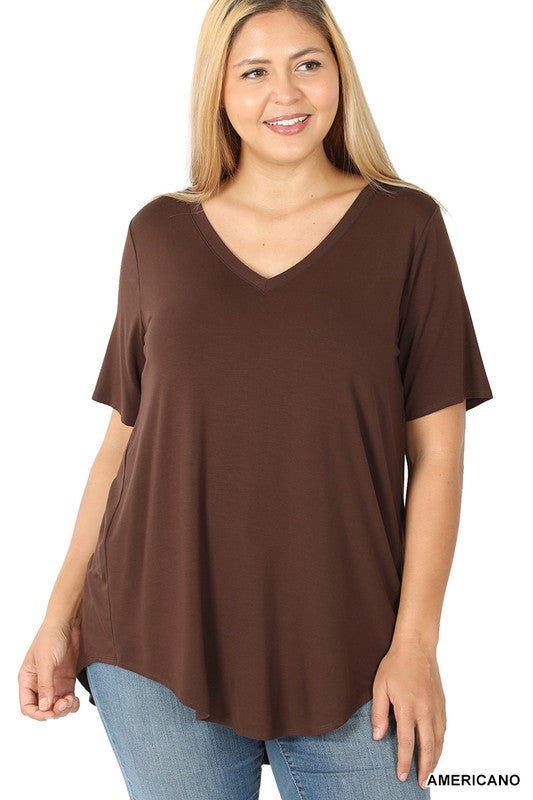 PLUS LUXE RAYON SHORT SLEEVE V-NECK HI-LOW HEM TOP