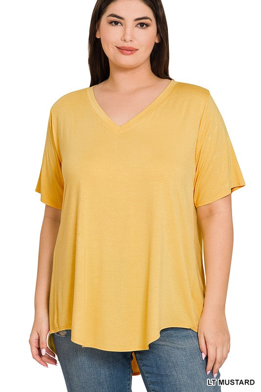 PLUS LUXE RAYON SHORT SLEEVE V-NECK HI-LOW HEM TOP